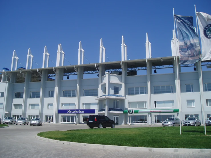 the front view of a building with multiple windows