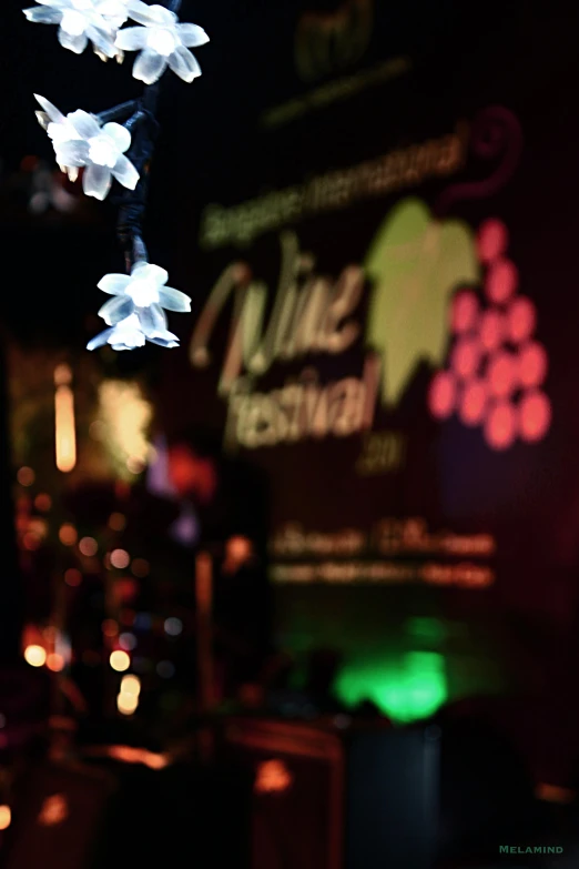 light colored flower clusters suspended from strings on stage