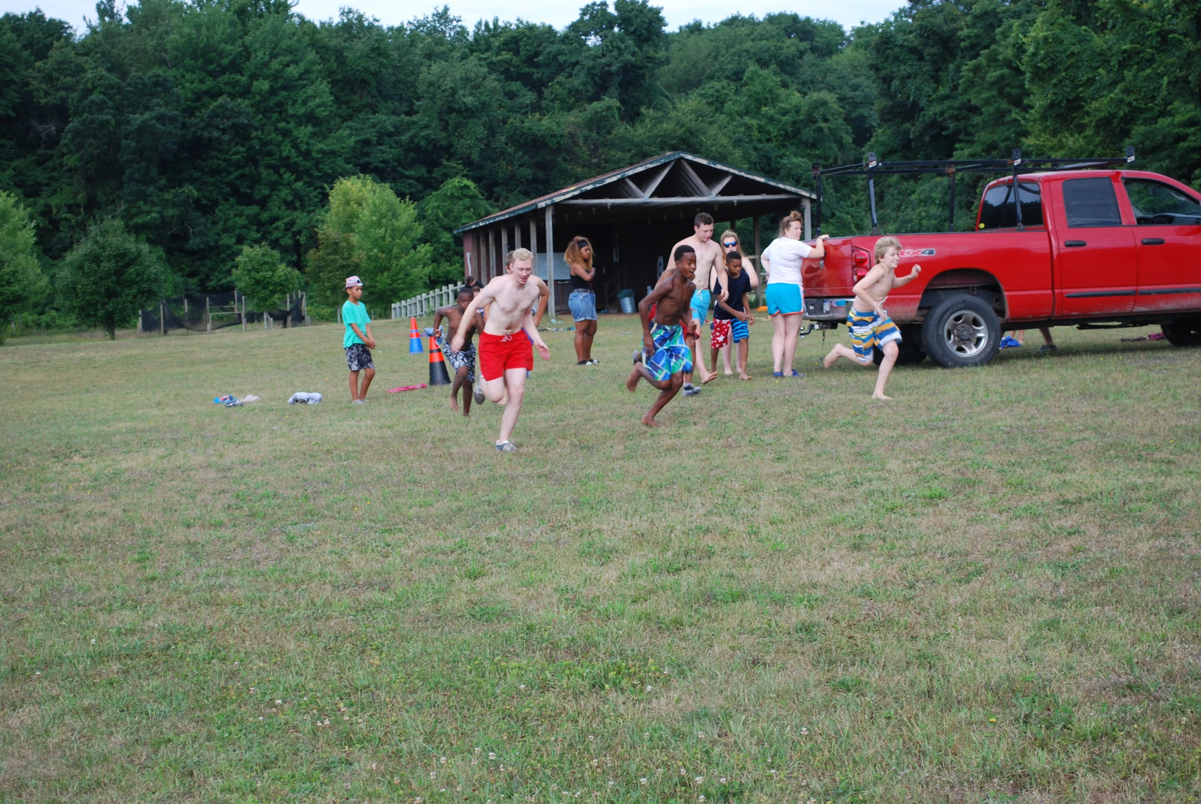 a number of people in a field near a pickup truck