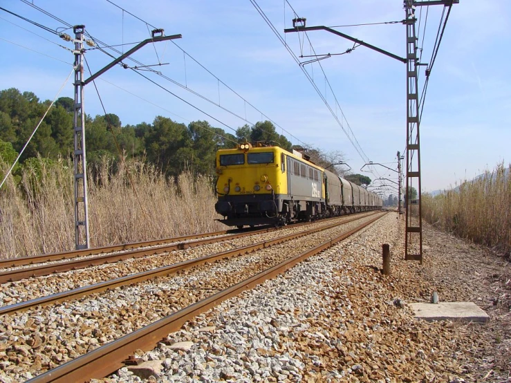 a yellow train on tracks next to some trees