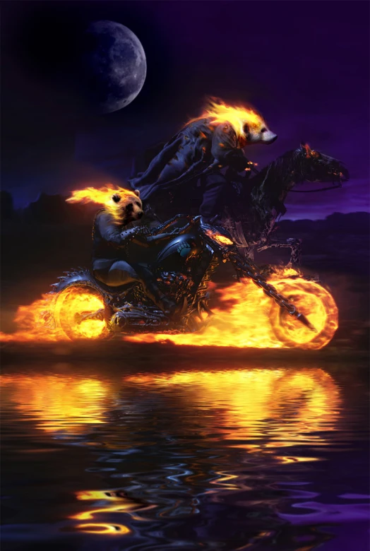 a painting of a man on a motorcycle on fire