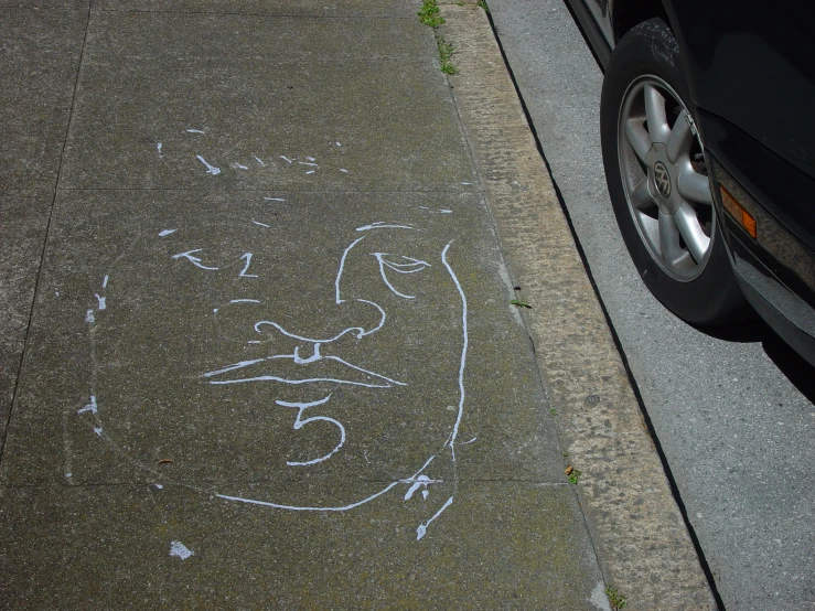 the drawing on the sidewalk has an old cat