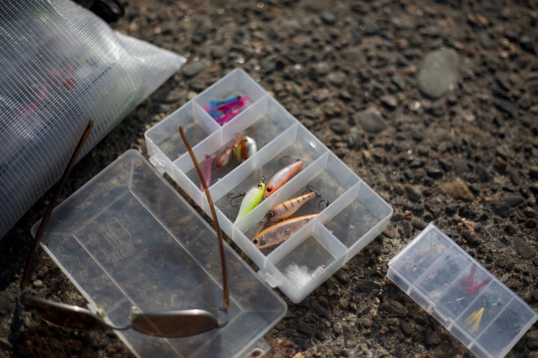 there are some fishing gear in this clear storage container