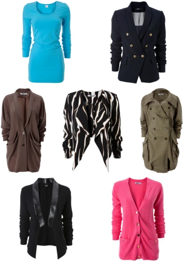 a group of nine different colors of jackets