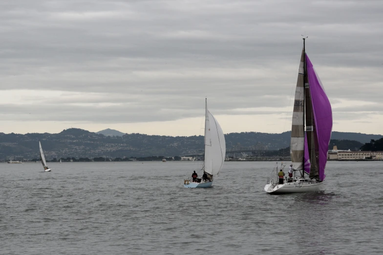 three sailboats in a large body of water