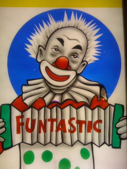 a sign advertising a funtastic clown holding an accordion