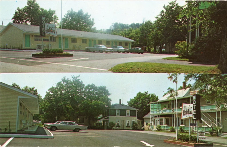 there are two pictures one of a motel and the other of some cars