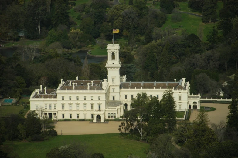 an aerial s shows the mansion as seen from above