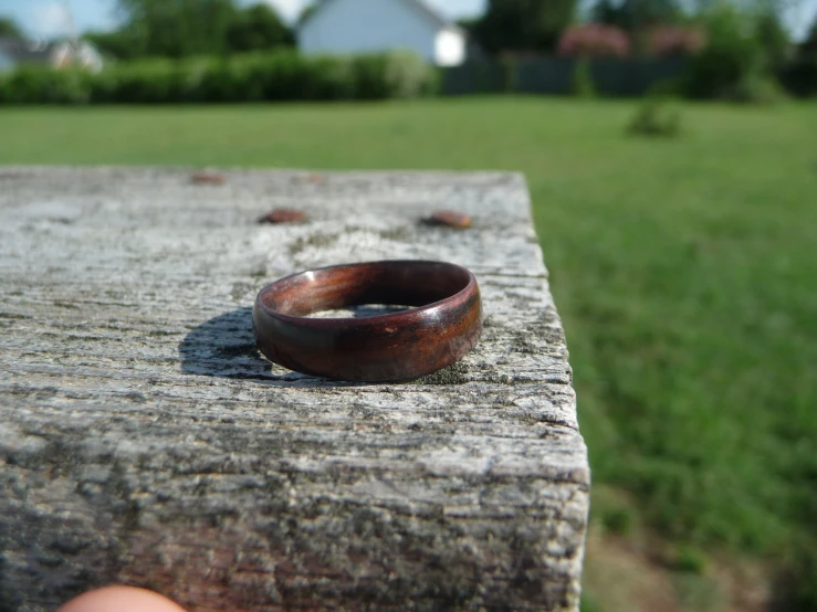 a small brown wooden ring sits on the ground