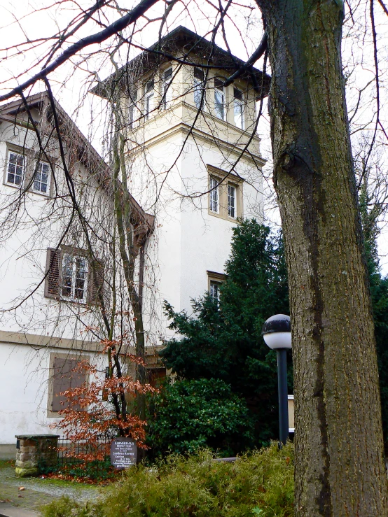 this is a large white building and a tree