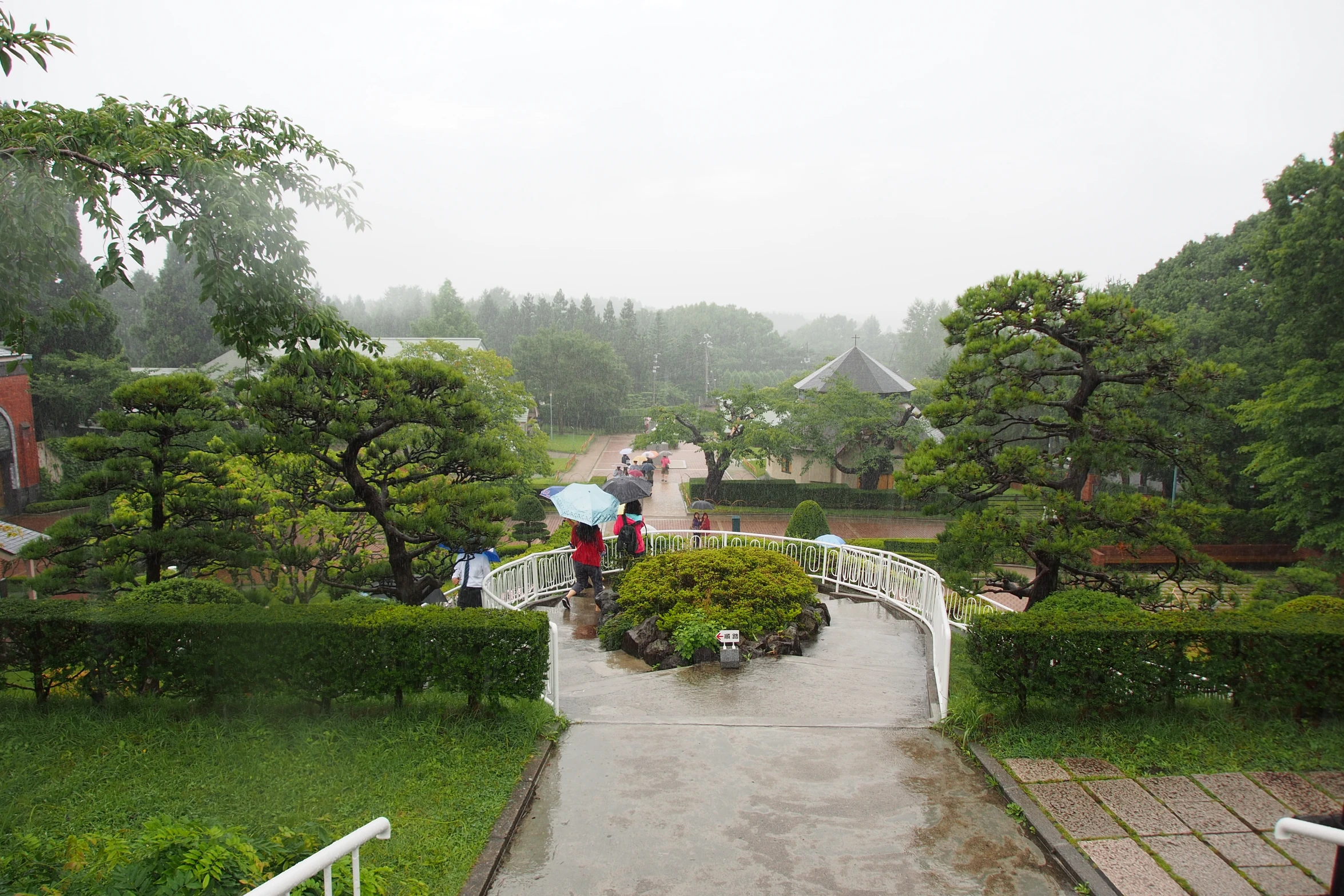 an overview s of people walking on the walkway at a botanical garden