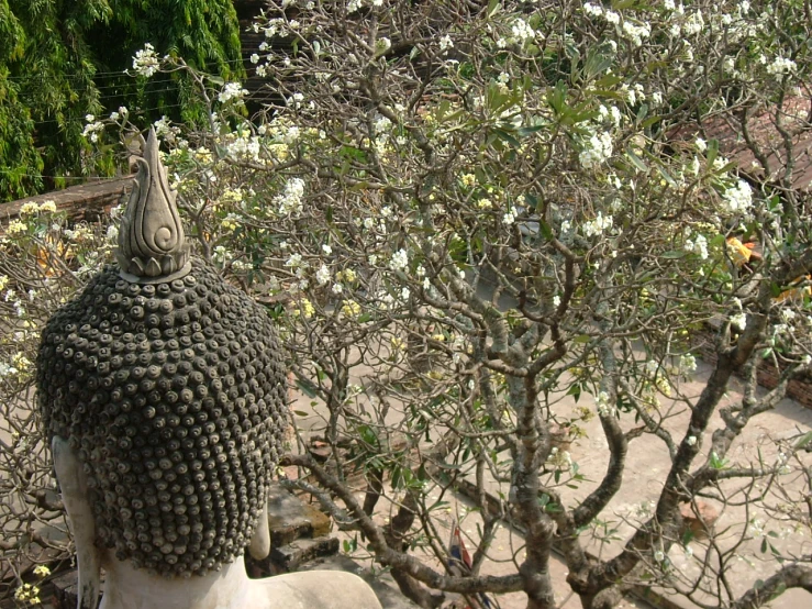 a statue with a flowered bush in the background