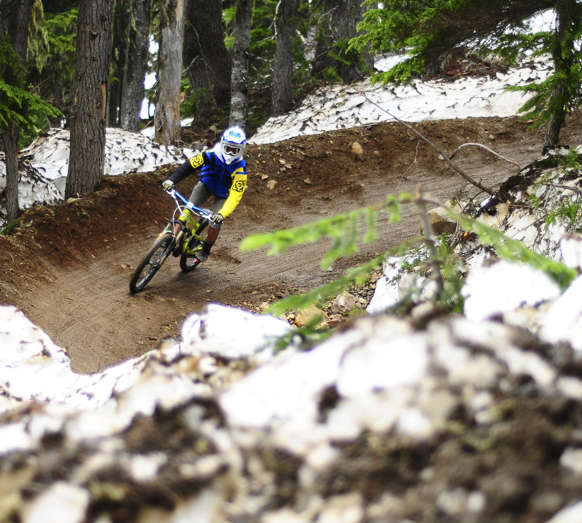 a person riding a mountain bike through the woods