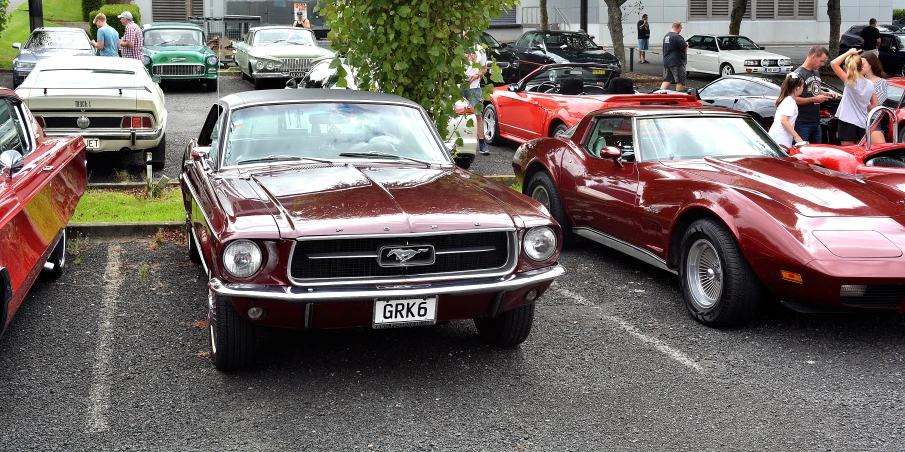 the vintage mustang mustangs are parked in a parking lot