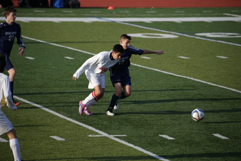 a soccer game in progress with two opponents fighting over the ball