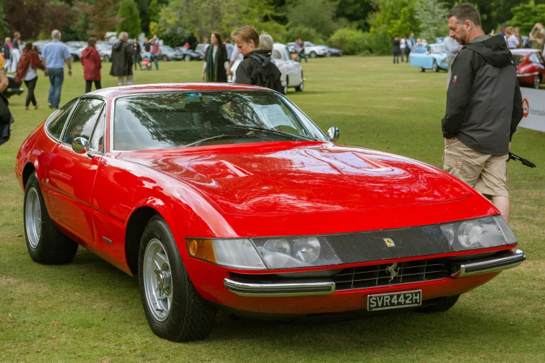 the large red sports car is parked in the grassy area