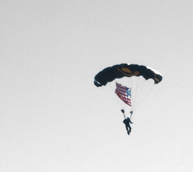 a person in the air with an american flag parachute