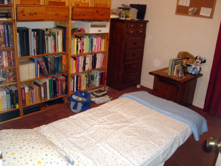 there are books on shelves in this small bedroom