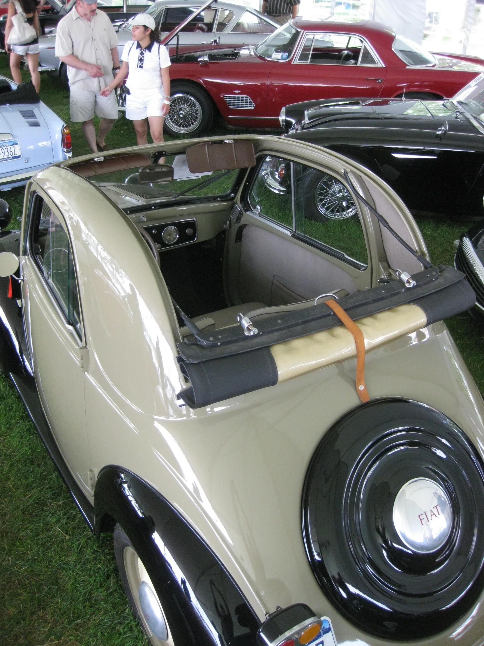 old cars are lined up in the grass