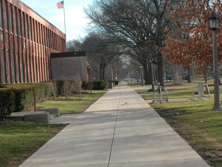 a walkway lined with trees and lawns in front of an american flag