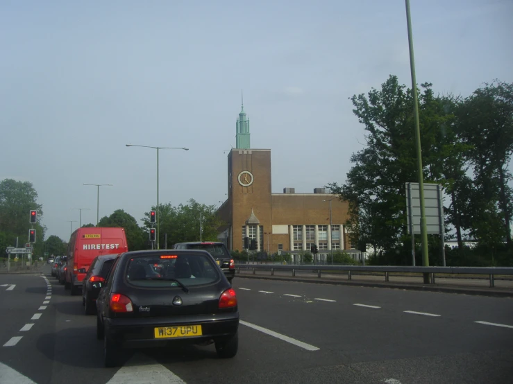 the traffic moves quickly across the busy street