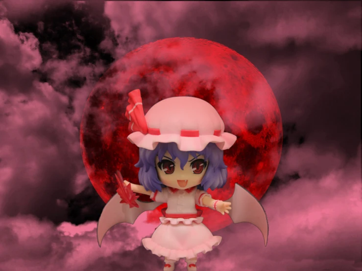a anime woman wearing a hat and dress standing in front of a giant red ball with bats on it