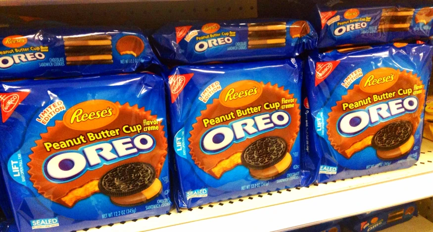 a shelf filled with lots of oreo cookies