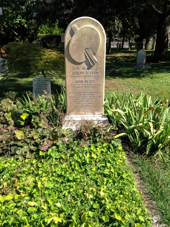 a grave in a lush green field with many headstones