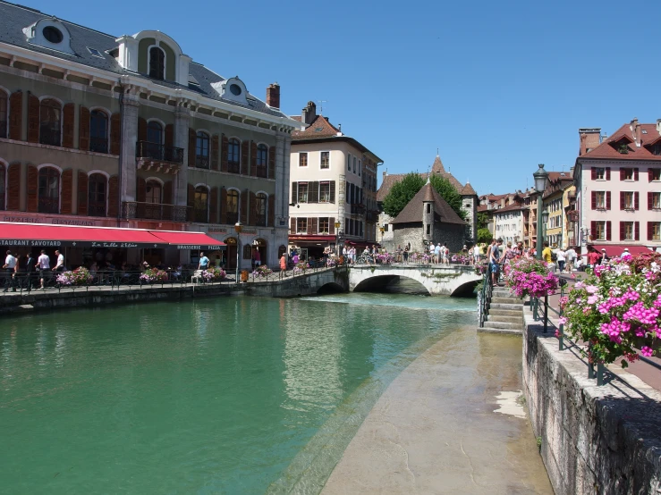 the water is very green and calm in the city