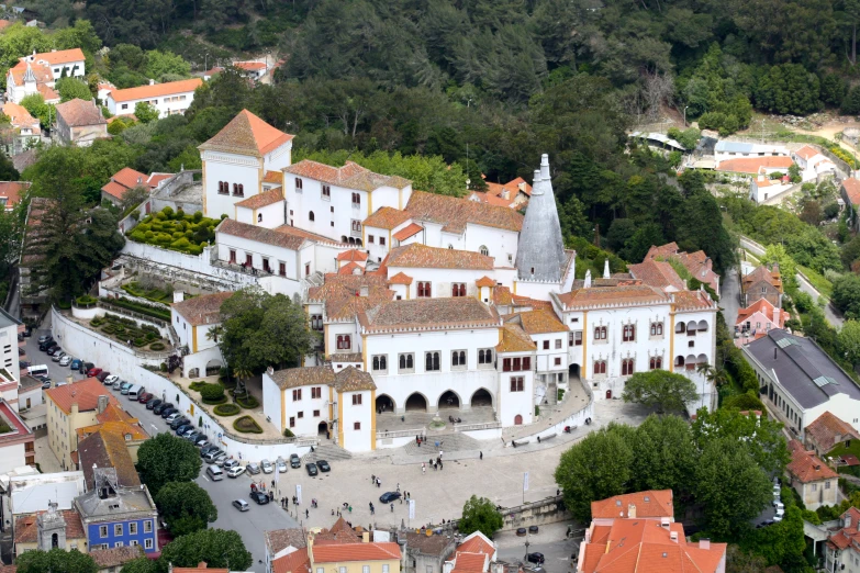 an aerial s of a town with its orange rooftops and trees