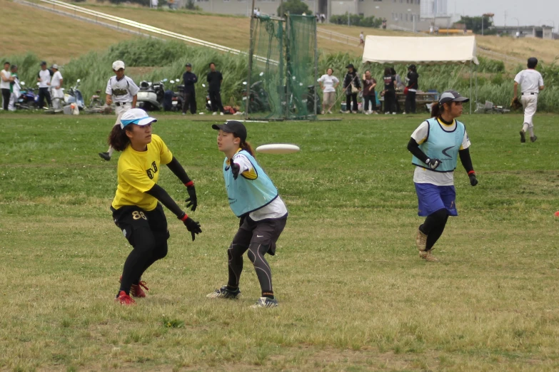 young female athletes on grassy field playing frisbee