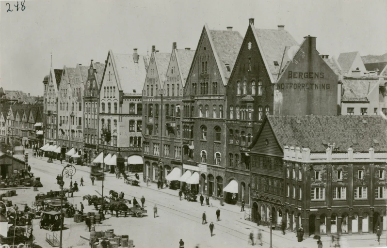 a black and white po of a row of buildings