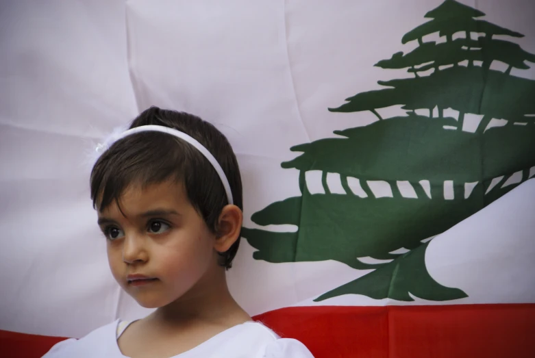 there is a little girl next to a flag