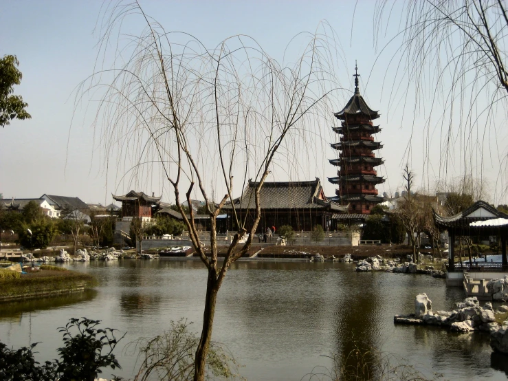 an oriental village is near the water