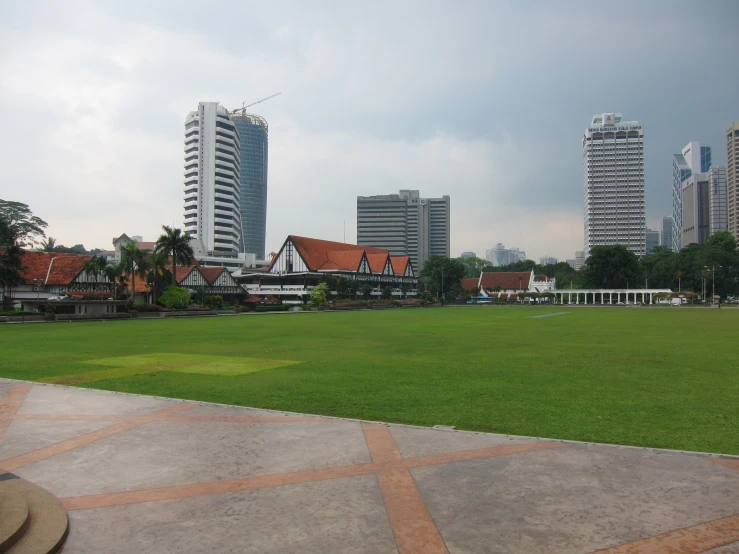 a grassy field near the buildings in the distance