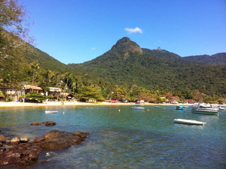 a beach with a mountain in the background