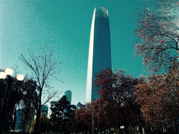 a tall building towering over trees and buildings