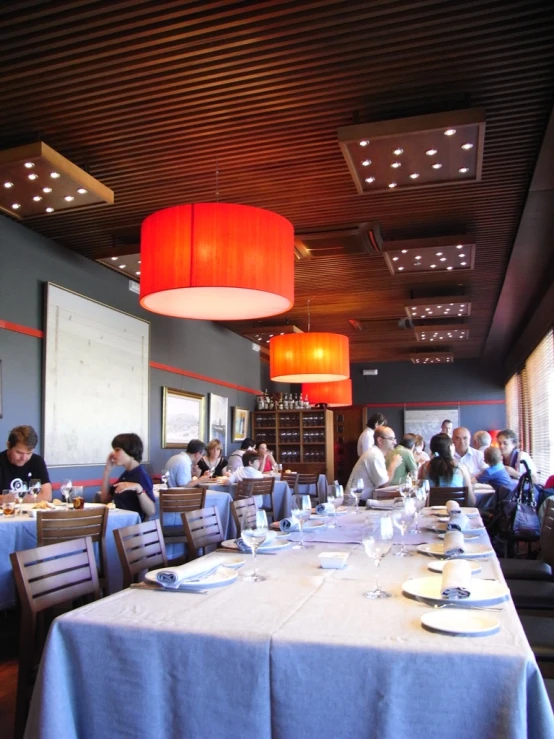 a large group of people eating food at tables