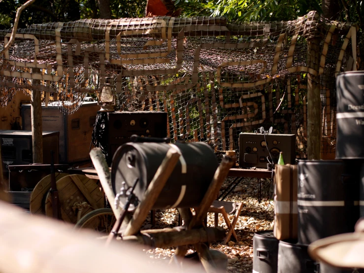 a yard full of wooden and fabric crafts