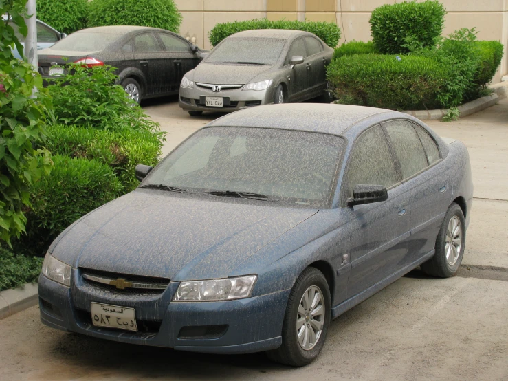 two cars parked in a parking lot with trees in the background