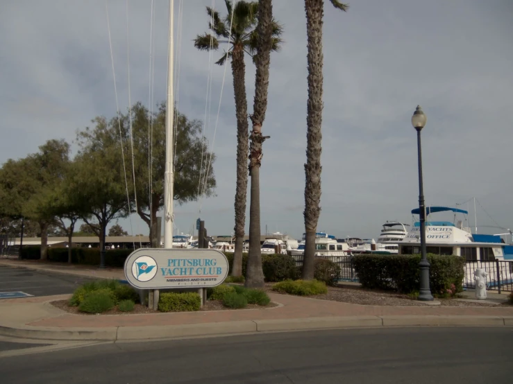 a sign at a beach near some palm trees