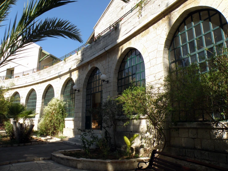 a large building with arched windows near a tree and plant