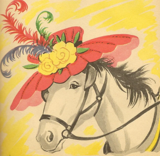 a drawing of a white horse wearing a red floral hat with feathers