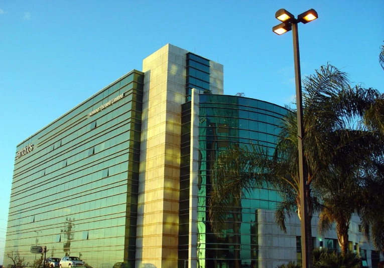 an office building with its lighted and large windows