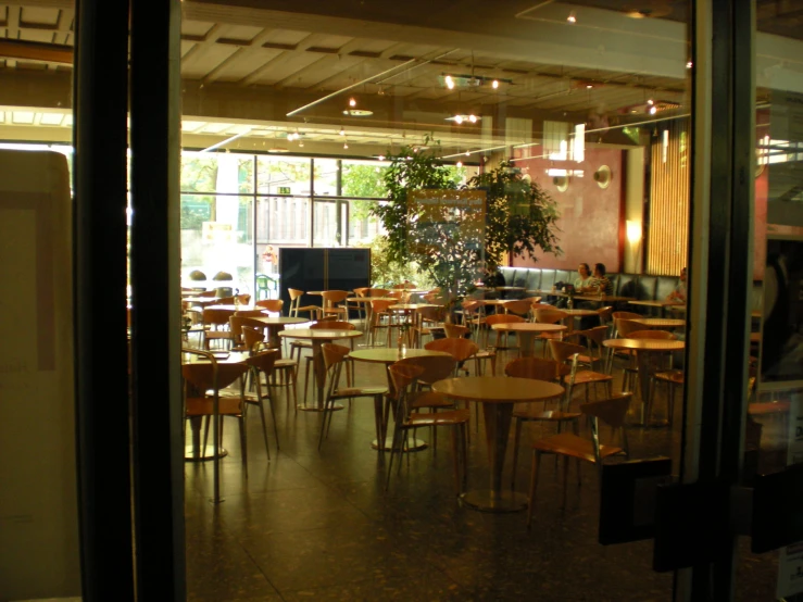 an empty and lit room with tables, chairs and plant