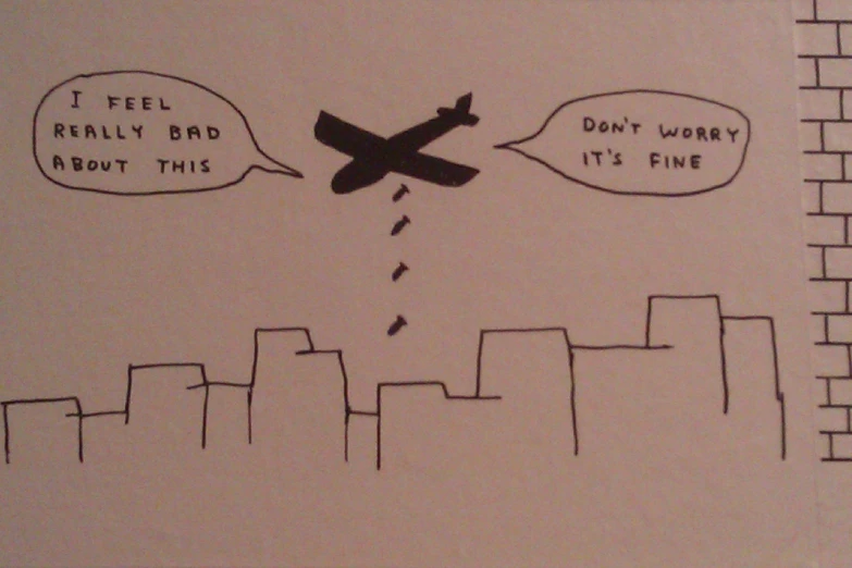 a drawing of a plane with speech bubbles and one saying i feel really bad about this