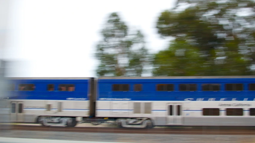 a train is riding on tracks that are near trees