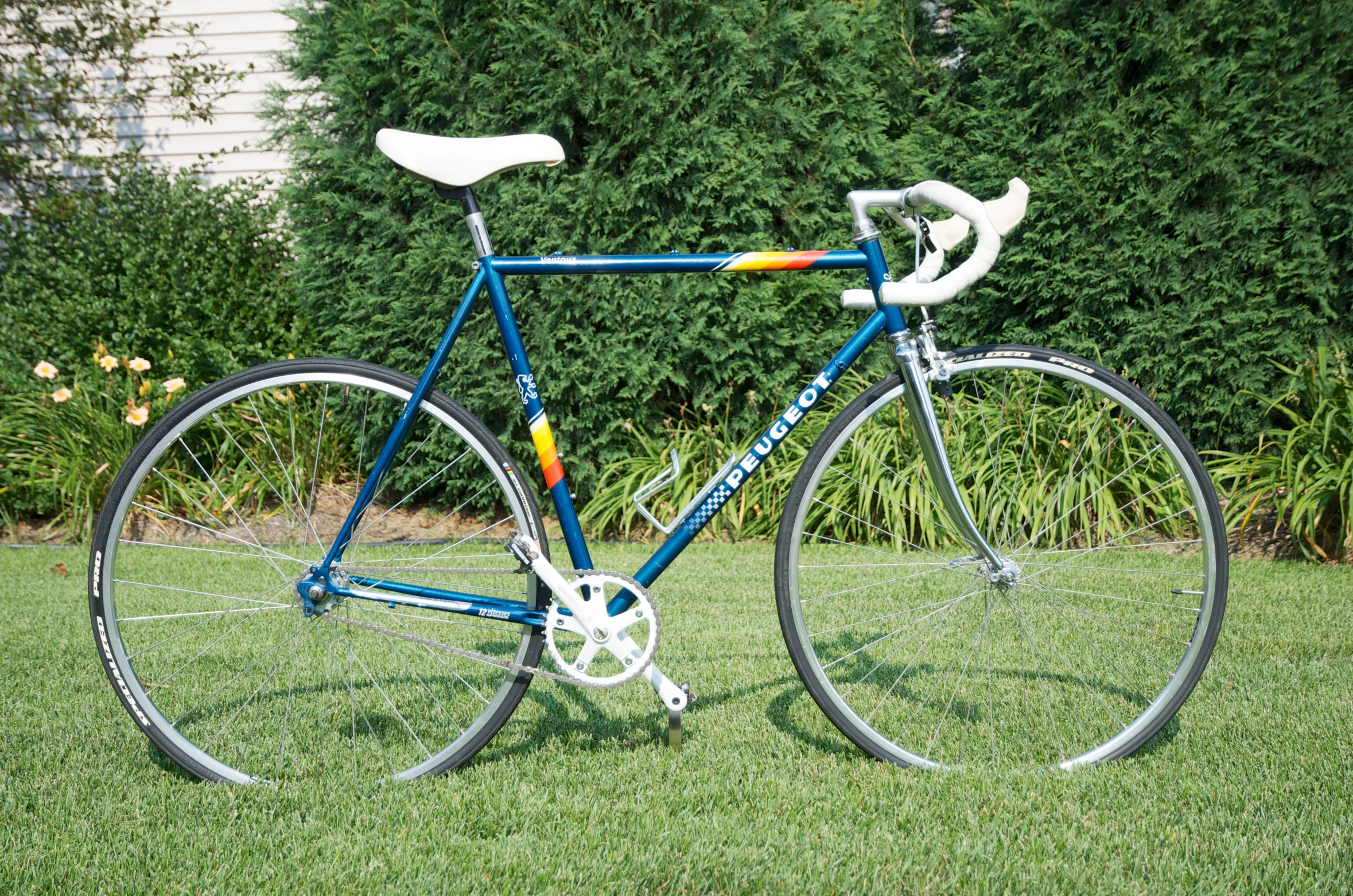 the bicycle is parked on the grass beside a fence