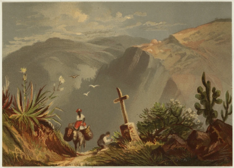 an old painting of a cross and a man on a horse