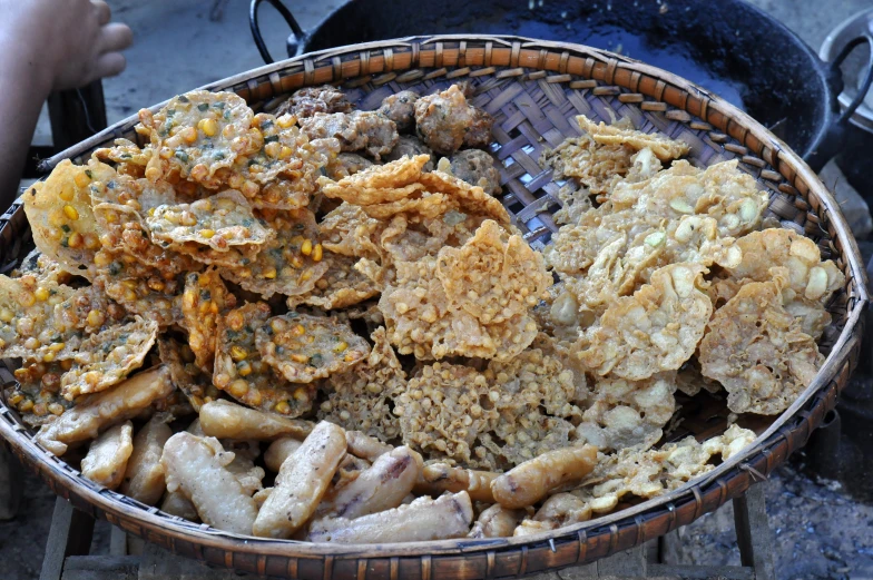 a basket that is filled with food on the street